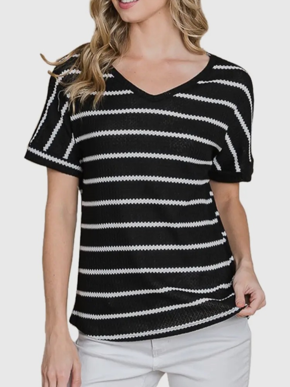 Black & White Striped V-Neck Knit Top